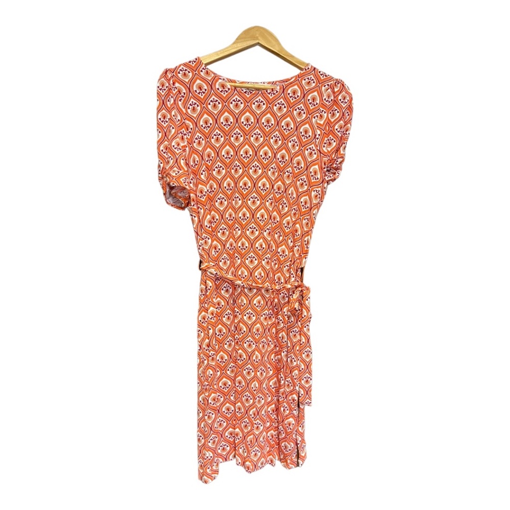 Boden size 10 dress orange with pattern and above the knee waist belt sleeves